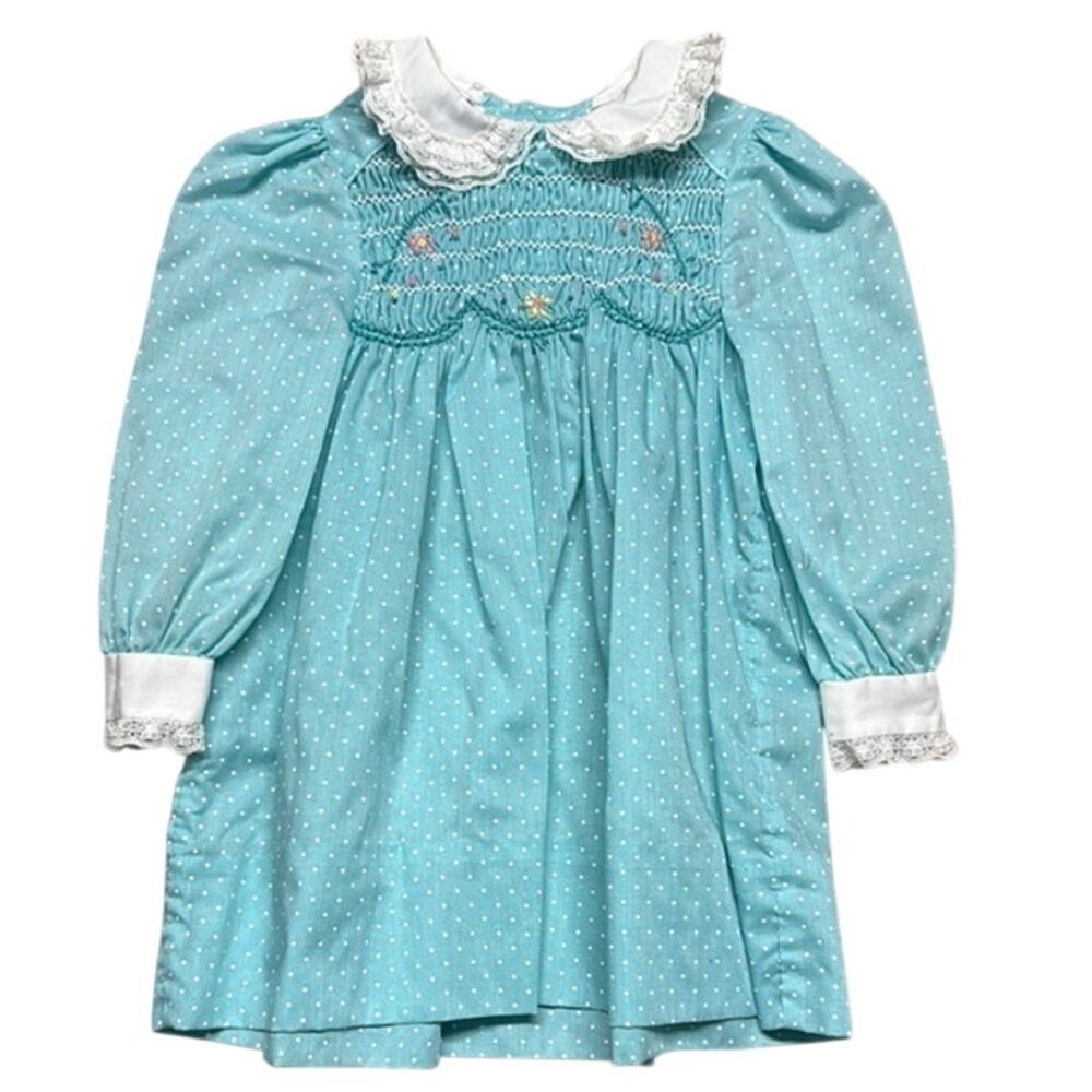 Vintage Polly Flinders Girl's Teal‎ White Polka Dot Dress Size 2T